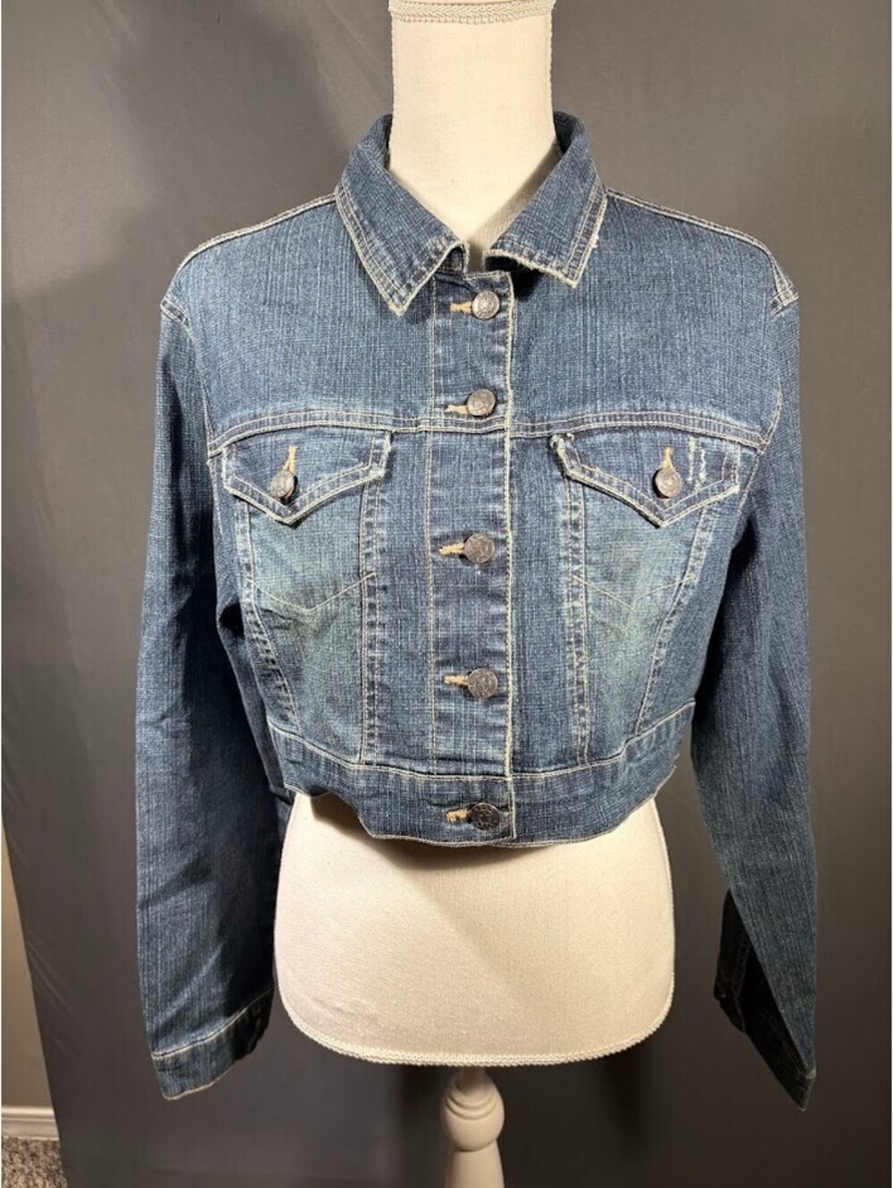 Vintage Y2K Star Jeans Cropped Denim Jacket Womens XL Blue Distressed Frayed Raw